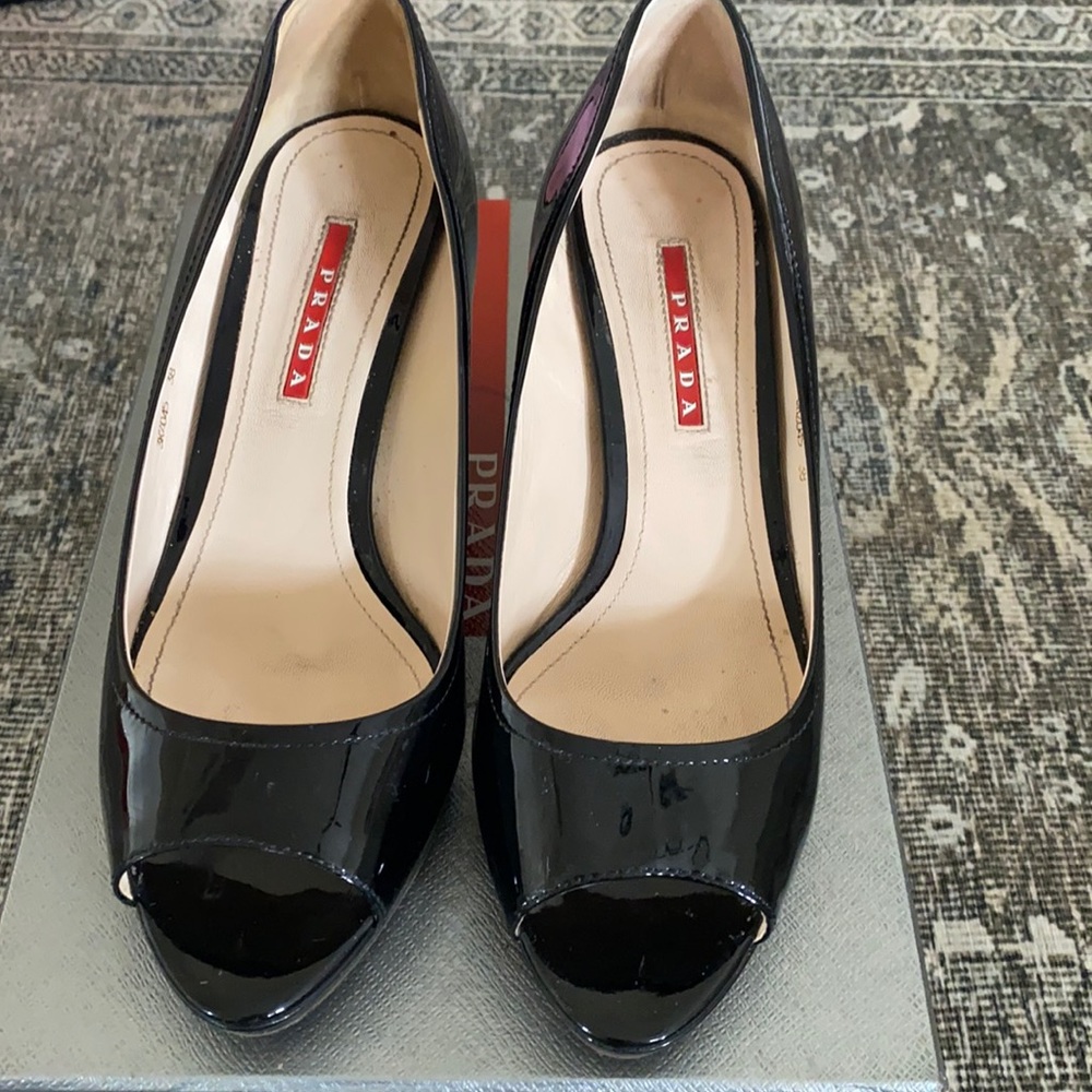 Prada Black Patent Leather Peep Toe Wedge Sandal